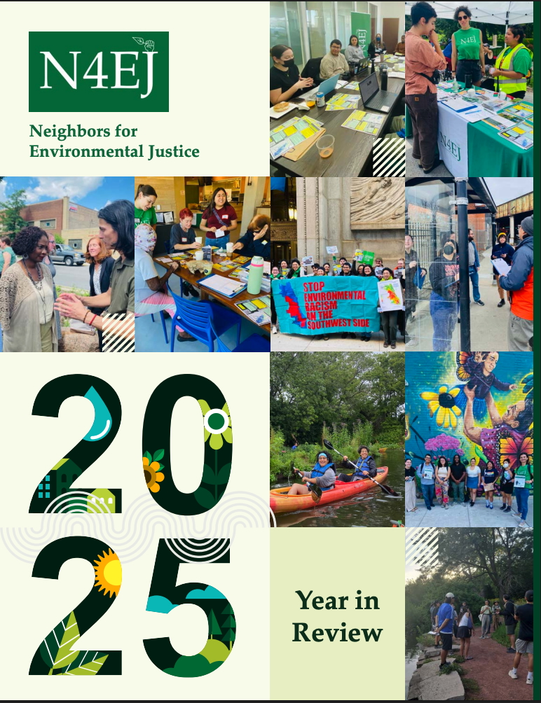 Cover image from the 2025 N4EJ Year In Review report, with photos of people tabling at events, presenting, kayaking, and walking in McKinley Park